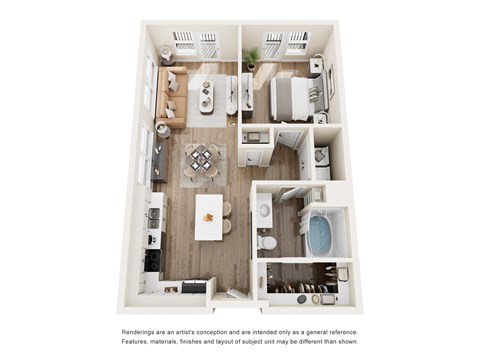A floor plan of a small apartment with a kitchen, living room, and bathroom.